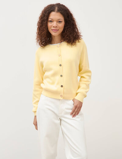 Gilet manches longues col rond en coton jaune clair femme