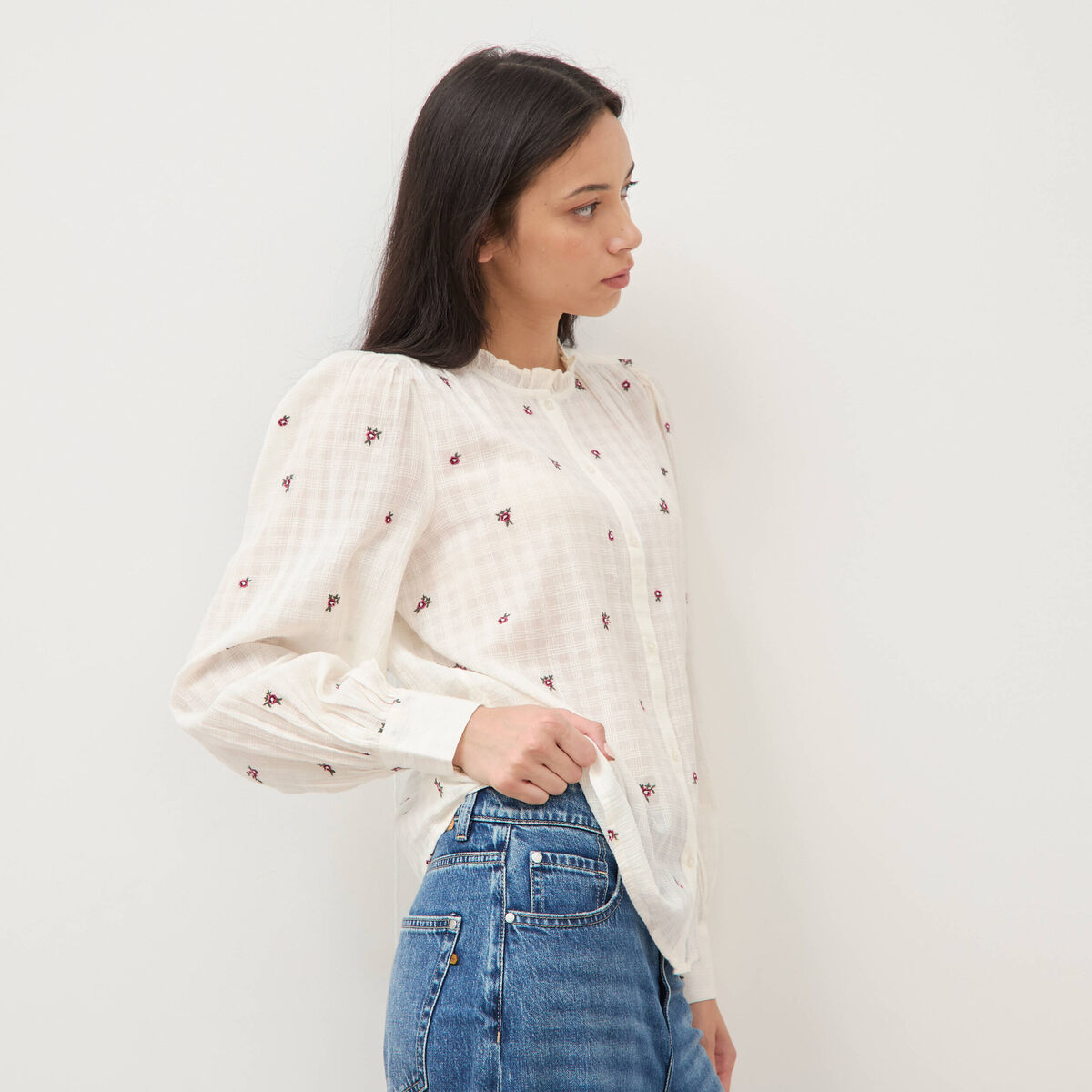 Chemise manches longues en coton brod&eacute;e blanc femme