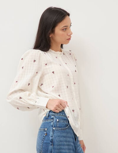Chemise manches longues en coton brod&eacute;e blanc femme