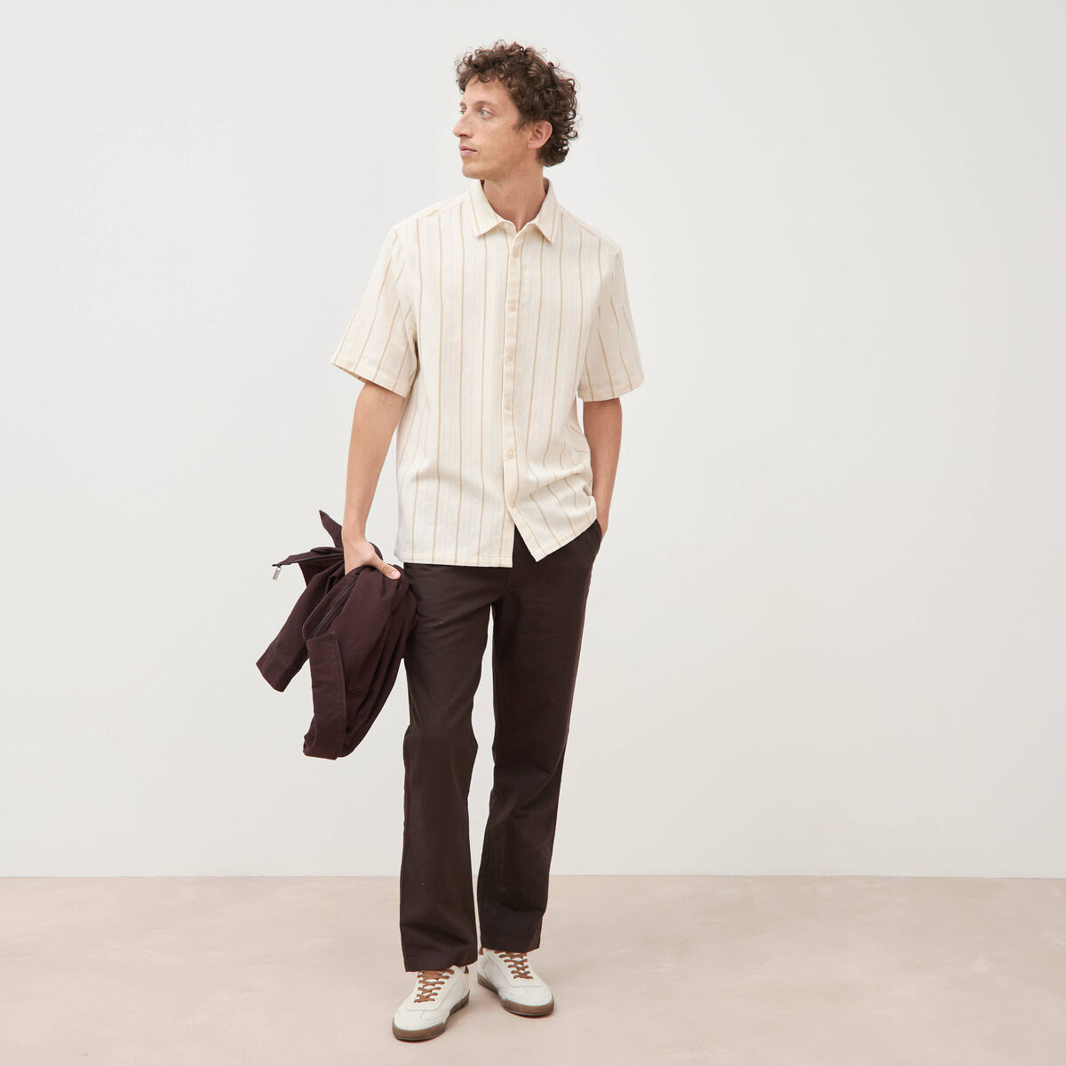 Chemise ray&eacute;e manches courtes ecru homme