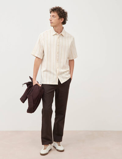 Chemise ray&eacute;e manches courtes ecru homme