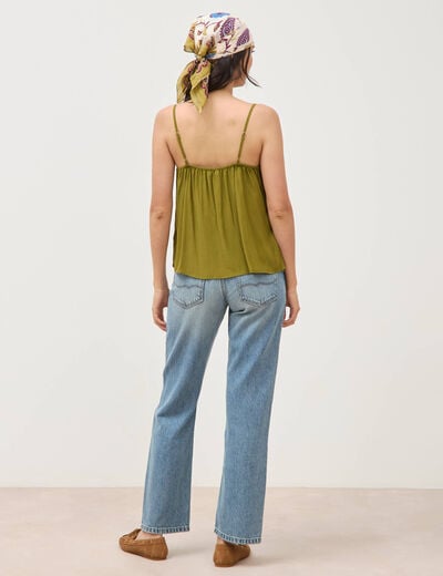 Caraco col v bretelles brod&eacute; vert kaki femme