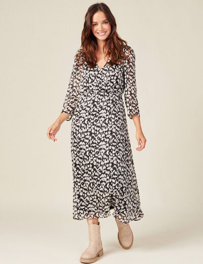 Robe longue évasée manches 3/4 noir femme