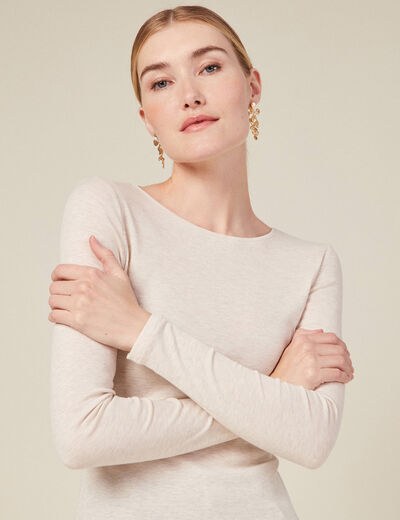 T-shirt cintr&eacute; manches longues col rond beige femme