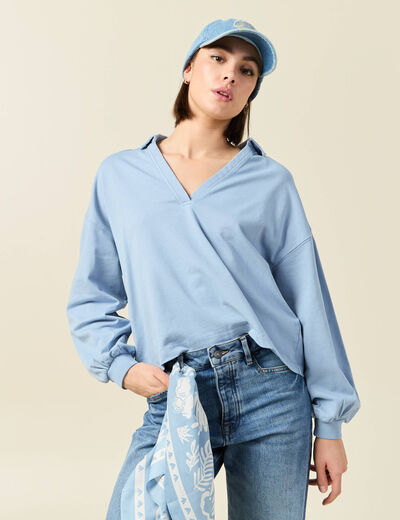 Sweat manches longues col polo bleu clair femme