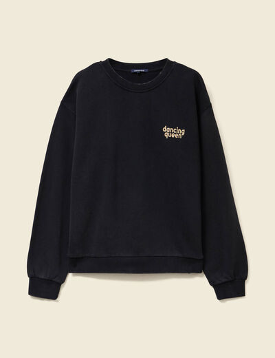 Sweat col rond manches longues en coton noir femme