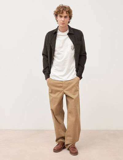 Chemise col classique en velours vert kaki homme