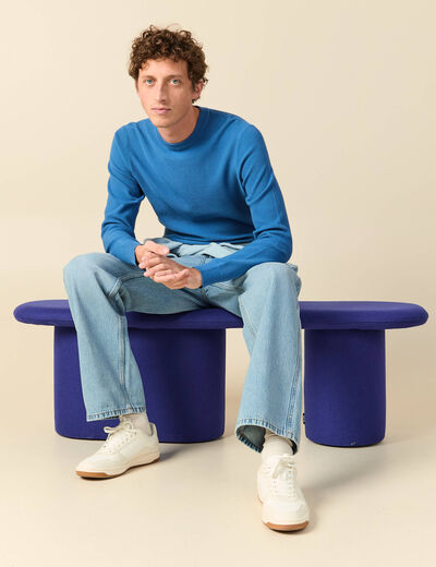 Pull fin col rond manches longues bleu fonc&eacute; homme
