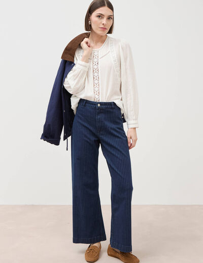 Jeans large cropped taille haute ray&eacute; denim brut femme