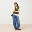 Pull sans manches col en V vert kaki femme