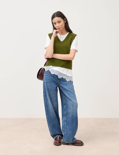 Pull sans manches col en V vert kaki femme