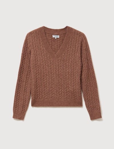 Pull droit col v manches longues marron clair femme