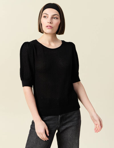 Pull manches courtes ajour&eacute; noir femme