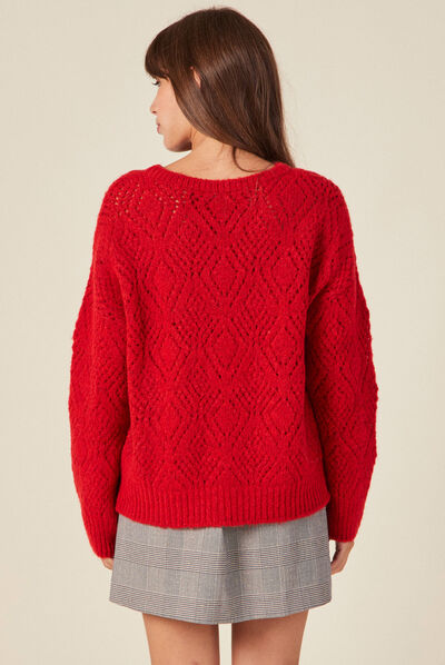 Pull manches longues ajouré rouge femme