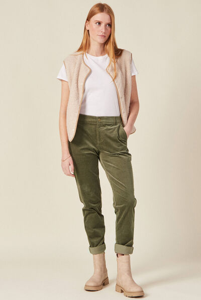 Pantalon chino velours côtelé vert kaki femme