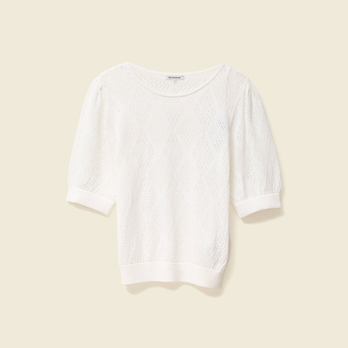 Pull manches courtes ajouré ecru femme