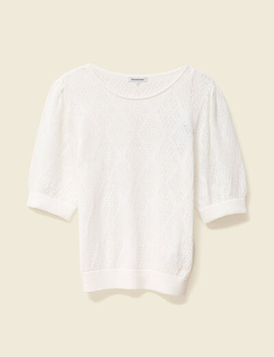 Pull manches courtes ajouré ecru femme