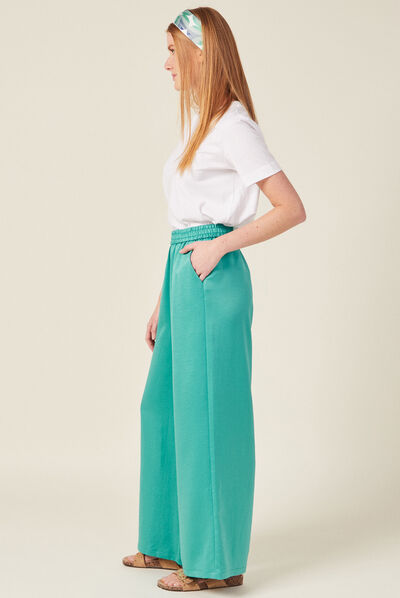 Pantalon large fluide satin bleu turquoise femme