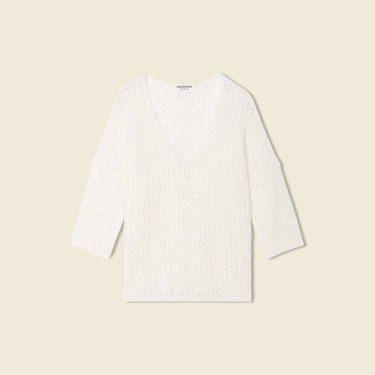Pull ajour&eacute; col v manches 3/4 ecru femme