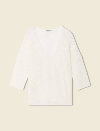 Pull ajour&eacute; col v manches 3/4 ecru femme