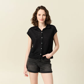 Polo en lin manches courtes noir femme