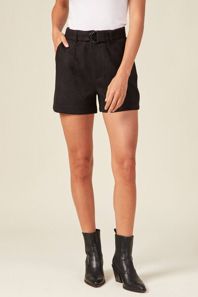 Short droit ceinturé suédine noir femme