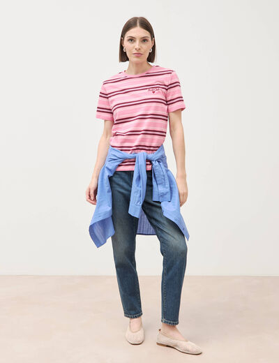 T-shirt ray&eacute; col rond manches courtes vieux rose femme