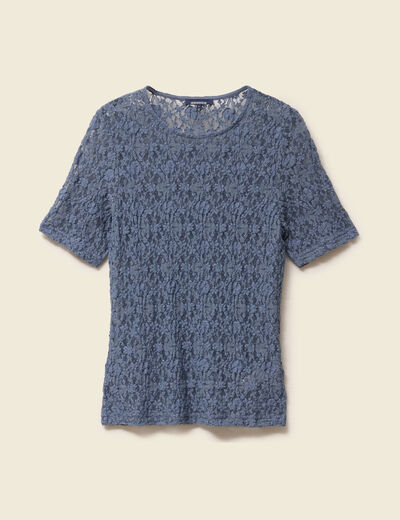 T-shirt cintr&eacute; col rond dentelle bleu gris femme
