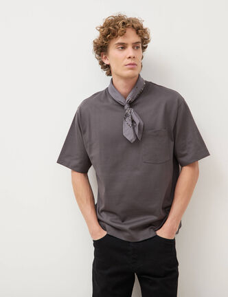 T-shirt droit en coton col ras du cou gris fonc&eacute; homme