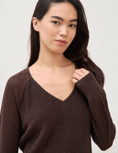 Pull droit col v manches longues marron femme