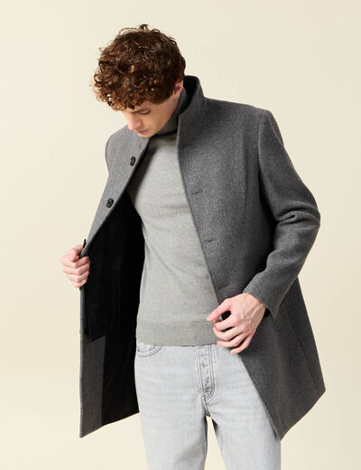 Manteau droit long col montant gris fonc&eacute; homme