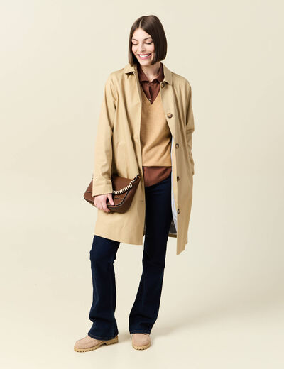 Pull fin col V manches longues marron clair femme
