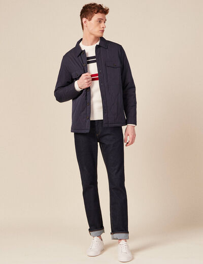 Pull fin ray&eacute; col rond manches longues ecru homme