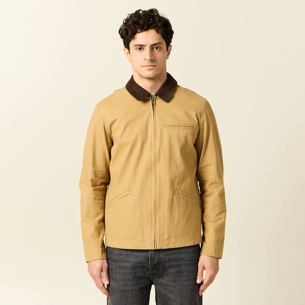 Veste zippée col velours camel homme