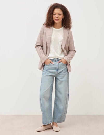 Pull ajour&eacute; col rond manches longues ecru femme