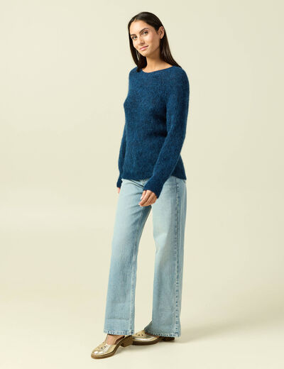 Pull manches longues col rond bleu canard femme