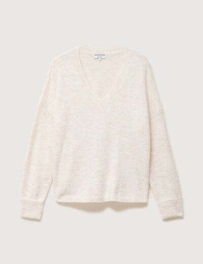 Pull droit col v manches longues creme femme