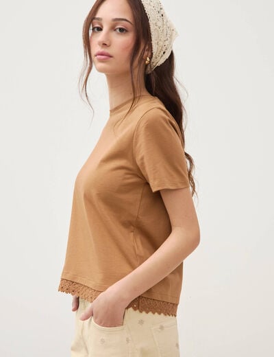 T-shirt droit col rond manches courtes marron femme