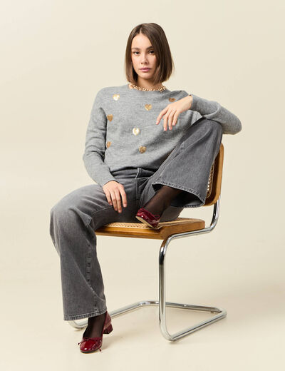 Pull manches longues sequins gris clair femme