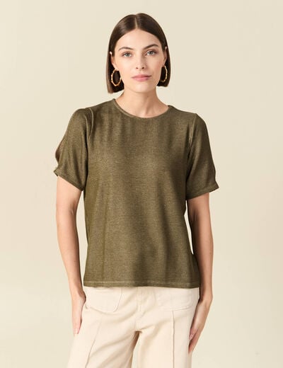 T-shirt manches courtes brillant vert kaki femme