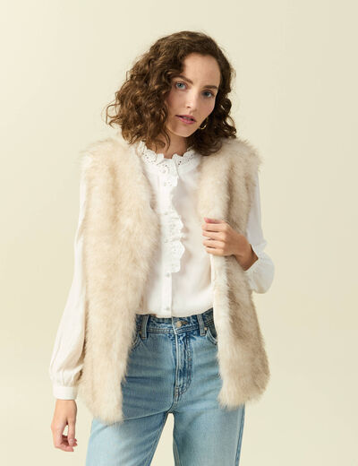 Gilet col tailleur manches longues creme femme