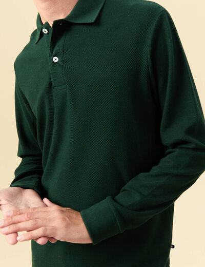Polo manches longues en coton vert fonc&eacute; homme
