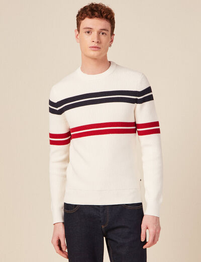 Pull fin ray&eacute; col rond manches longues ecru homme
