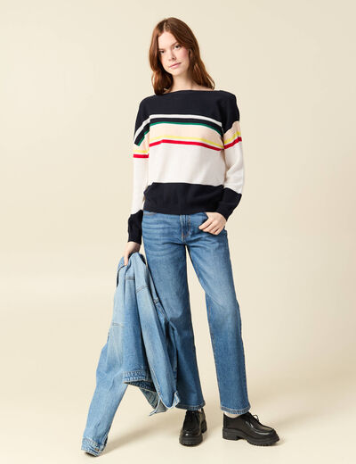 Pull col bateau manches longues en coton bleu marine femme