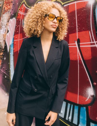 Blazer manches longues col tailleur bleu marine femme