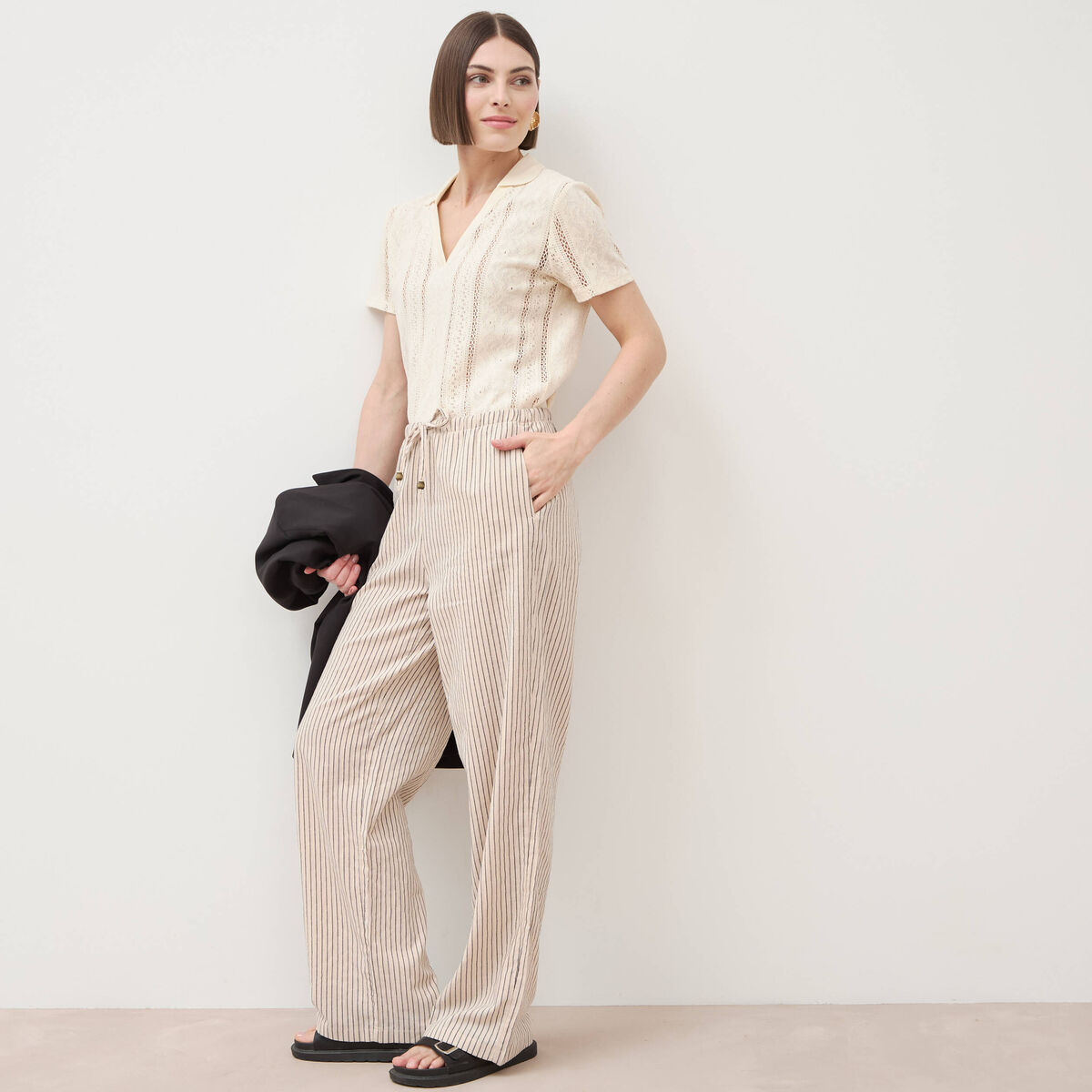Pantalon taille standard ecru femme