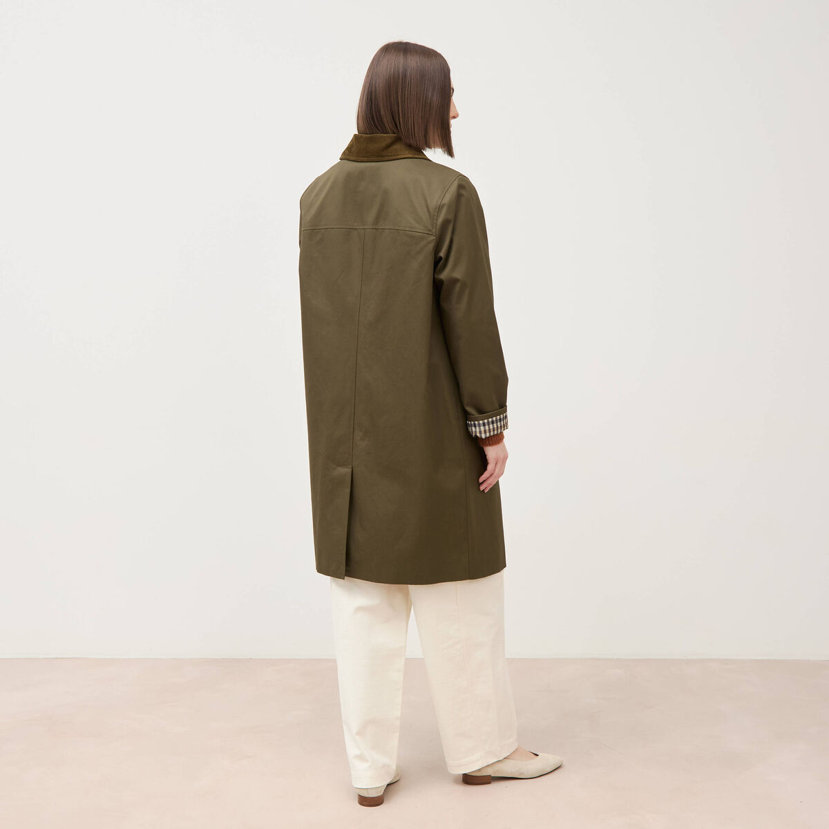 Trench droit long en coton doubl&eacute; vert kaki femme
