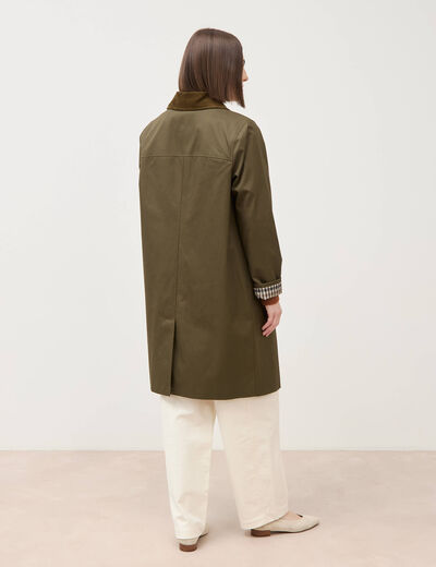 Trench droit long en coton doubl&eacute; vert kaki femme