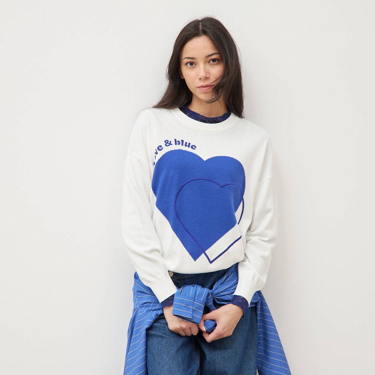 Pull oversize col rond manches longues ecru femme