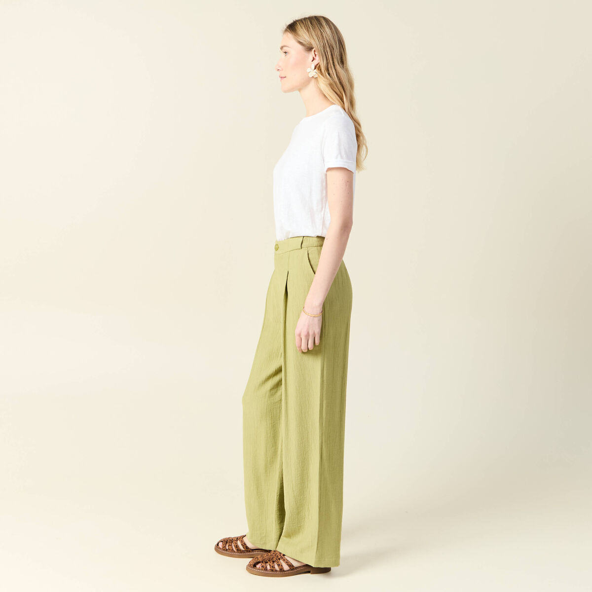 Pantalon large fluide vert olive femme